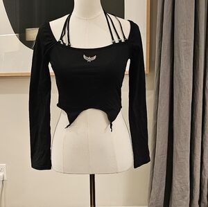 Widow Black Long Sleeve Women's Crop Top with Strap Detail S